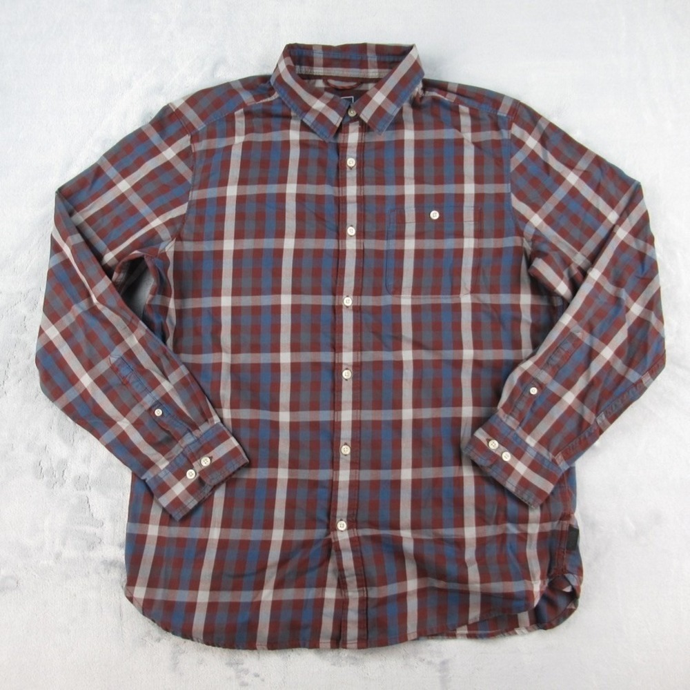 The North Face Mens Long‎ Sleeve Button Up Plaid Shirt Maroon Blue Gray Large
